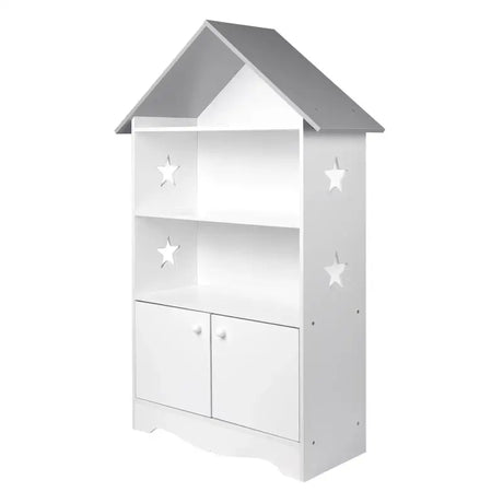 Witte en grijze BukkitBow kinderboekenkast met 3 planken en opbergkast in huisvorm, 62x115x27cm, geschikt voor kinderkamers.