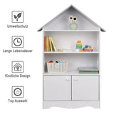 Witte kinderboekenkast van BukkitBow met 3 planken en opbergkast in huisvorm, grijze details, afmetingen 62x115x27 cm