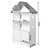 Witte en grijze BukkitBow kinderboekenkast met 3 planken en opbergkast in huisvorm, 62x115x27cm, voor kinderboeken en speelgoed