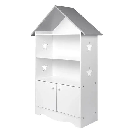 Witte en grijze BukkitBow kinderboekenkast met 3 planken en opbergkast in huisvorm, 62x115x27cm, geschikt voor kinderkamers.