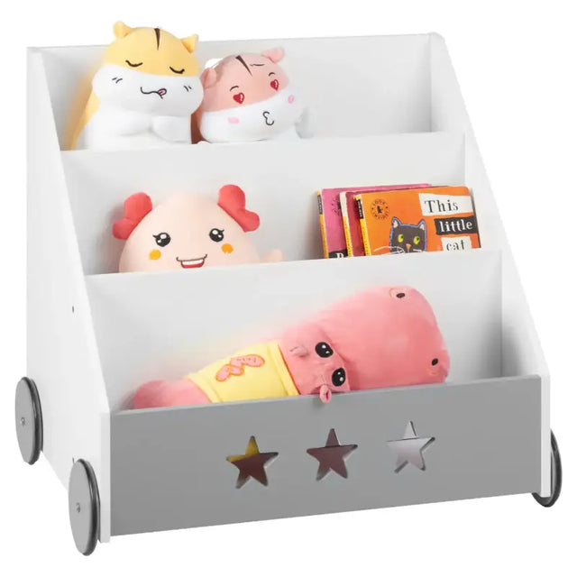 BukkitBow kinderboekenkast met sterpatronen, trapeziumvormig, grijs-wit, met wielen, afmetingen 43x58x60cm.