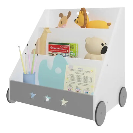 BukkitBow kinderboekenkast met sterpatronen, trapeziumvormig, grijs-wit, met wielen en afmetingen 43x58x60cm.