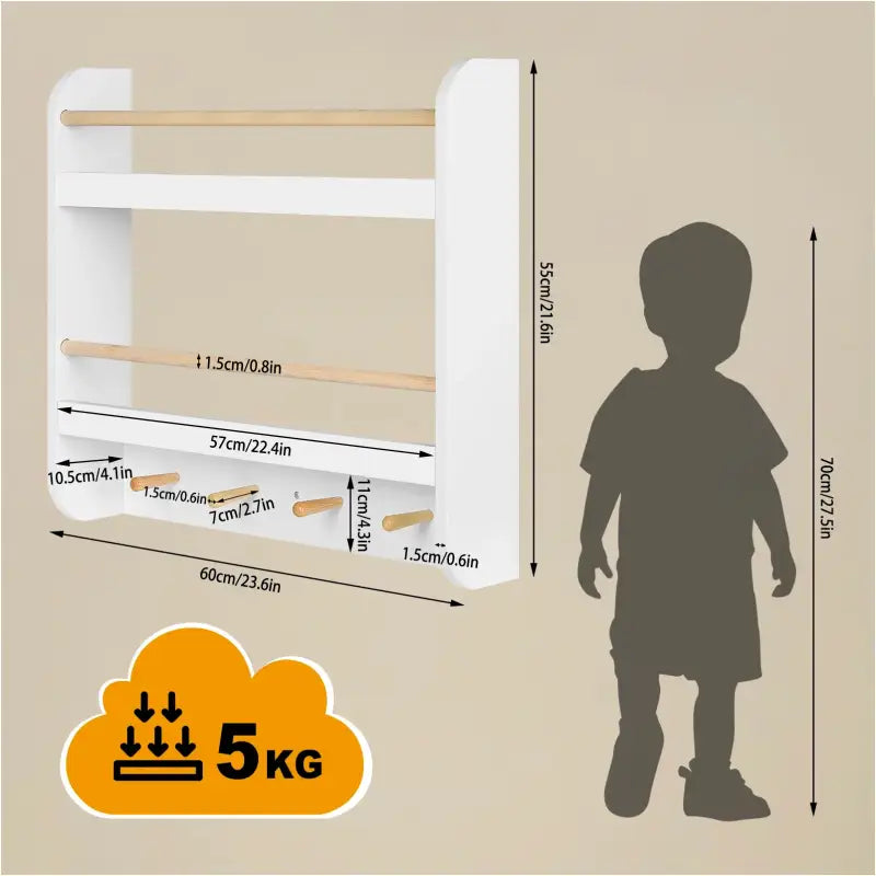 BukkitBow kinderboekenplank van MDF en grenenhout met 2 planken, 2 stangen en 4 haken, wandmontage, 60x55x12cm