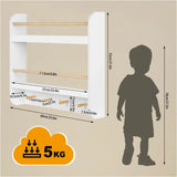 BukkitBow kinderboekenplank van MDF en grenenhout met 2 planken, 2 stangen en 4 haken, wandmontage, 60x55x12cm