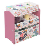 BukkitBow kinder boekenkast met houten plank, 6 stoffen manden, cartoon ontwerp en afgeronde randen in MDF en massief grenenhout