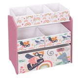 BukkitBow kinder boekenkast met 6 stoffen manden, MDF en massief grenenhout, afgeronde randen en cartoon ontwerp.