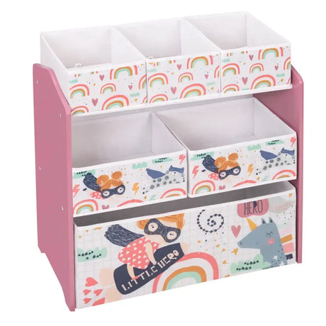 BukkitBow kinder boekenkast met 6 stoffen manden, MDF en massief grenenhout, afgeronde randen en cartoon ontwerp.