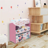 Kinder boekenkast BukkitBow met MDF en massief grenenhout, 6 stoffen manden, afgeronde randen en cartoon ontwerp.