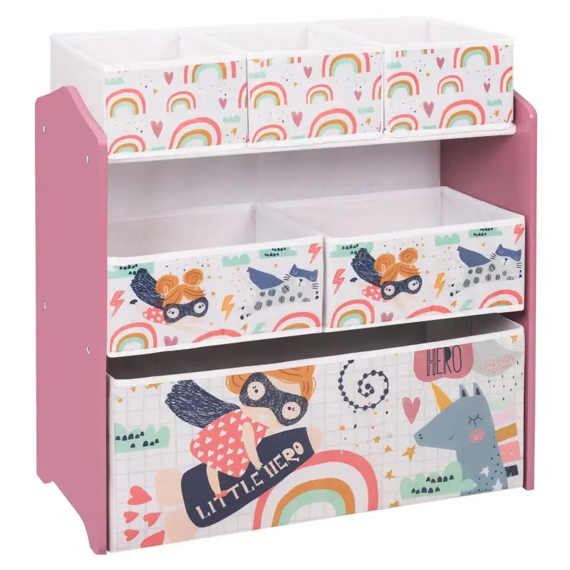 BukkitBow kinderboekenkast met MDF en massief grenenhout, cartoon ontwerp, afgeronde randen en 6 stoffen manden voor opslag.