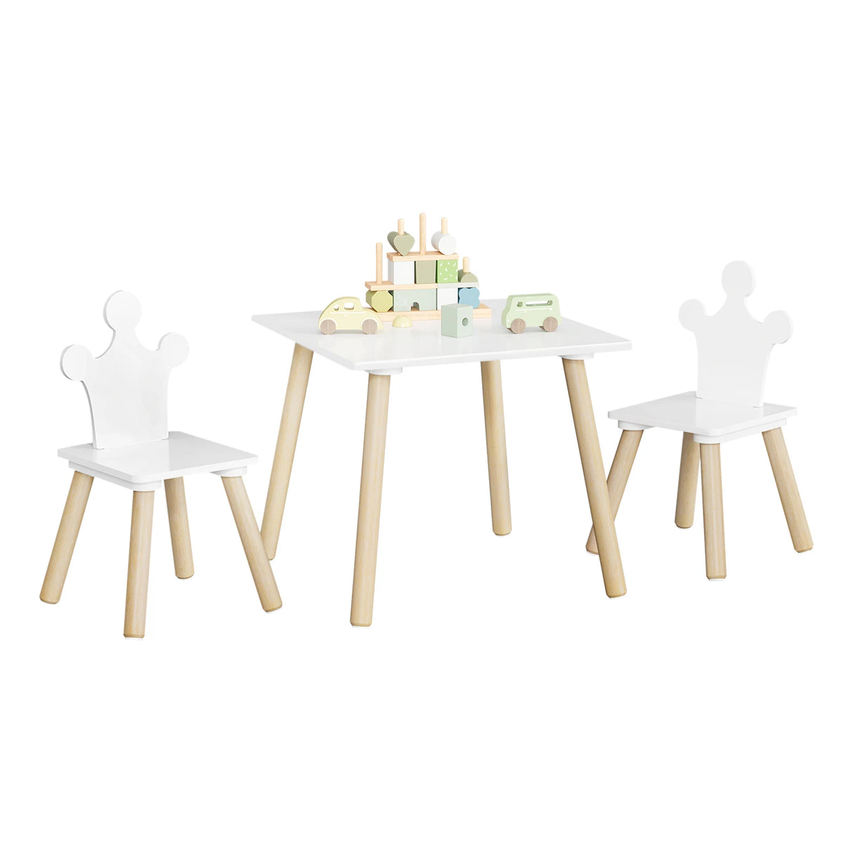 Houten kindertafel met 2 stoelen van BukkitBow, Montessori-speelset voor kinderen, perfect voor creatieve speelmomenten.