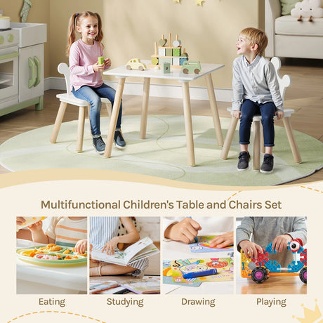 Houten kindertafel van BukkitBow met twee stoelen, Montessori-speelset voor kinderen, natuurlijke houten afwerking.