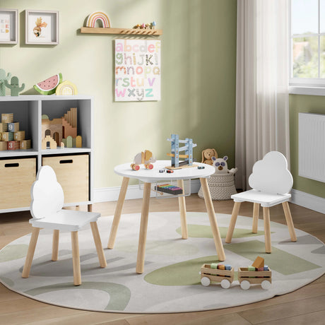 Witte BukkitBow kindertafel met 2 stoeltjes in wolk ontwerp, geschikt voor peuters en kleuters, leuke speeltafel voor kinderen