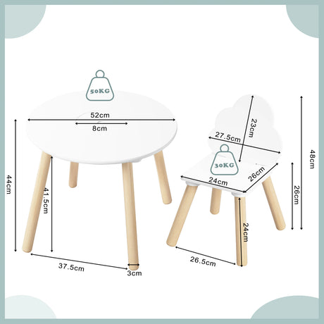 BukkitBow kindertafel met 2 bijpassende stoeltjes, wit met wolk ontwerp, geschikt voor peuters en kleuters, speeltafel voor kinderen