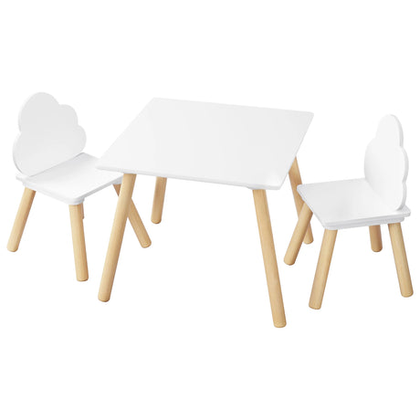Witte BukkitBow kindertafel met twee stoeltjes en wolkendesign, speeltafel voor peuters en kleuters, geschikt voor speel- en leeractiviteiten