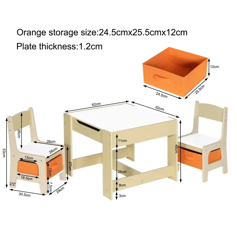 BukkitBow kindertafel met stoelen set, duurzame veilige kindermeubelset met opbergmanden, afmetingen 60x60x48cm, geschikt voor kinderen.