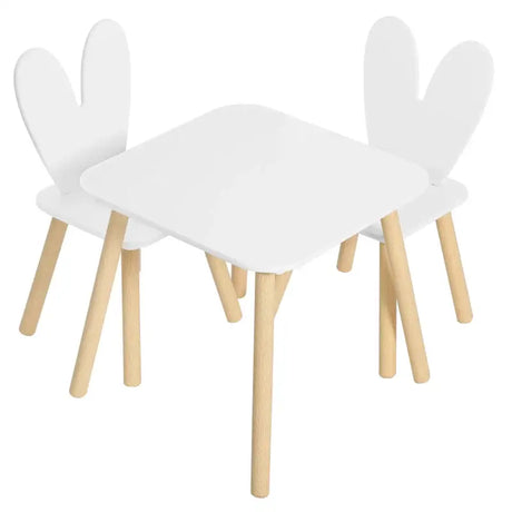 BukkitBow kinder tafel met stoelen, konijnenoor rugleuning design, afmetingen 49,5x49,5x47cm, kindermeubelset voor jonge kinderen
