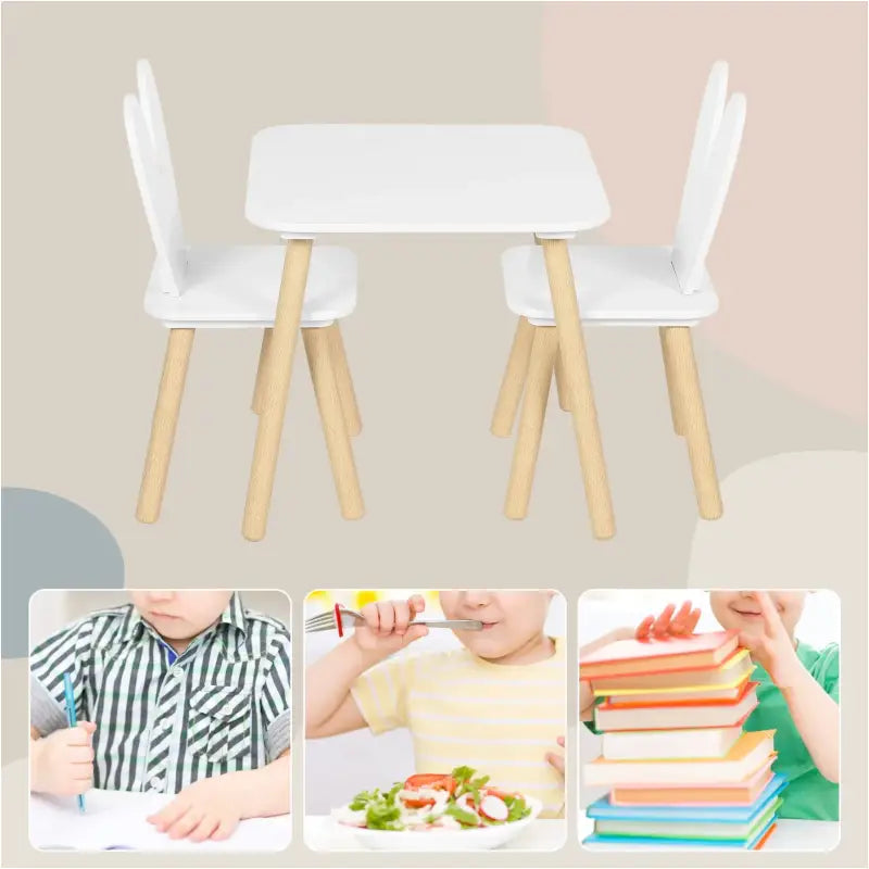 BukkitBow kindertafel met stoelen, houten meubelset met konijnenoor rugleuning, afmetingen 49,5x49,5x47 cm, geschikt voor kinderen