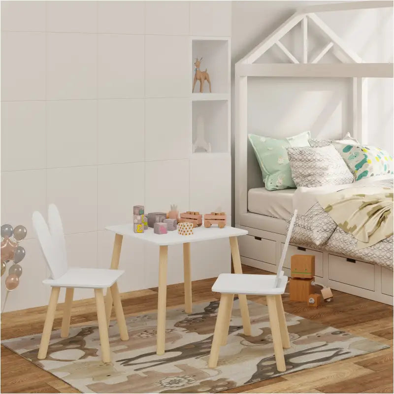 BukkitBow kindertafel met konijnenoor rugleuning en stoelen, houten kindermeubelset, afmeting 49,5x49,5x47 cm, geschikt voor kinderen.