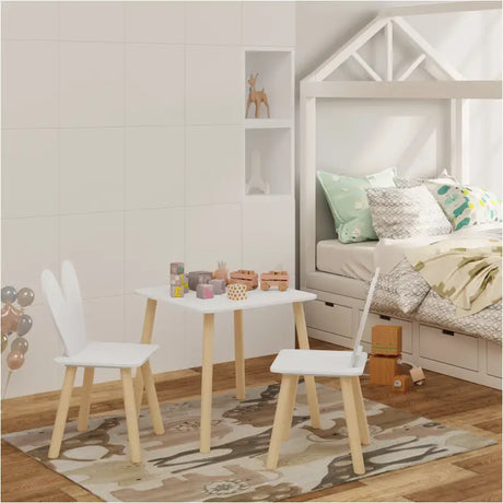 BukkitBow kindertafel met konijnenoor rugleuning en stoelen, houten kindermeubelset, afmeting 49,5x49,5x47 cm, geschikt voor kinderen.