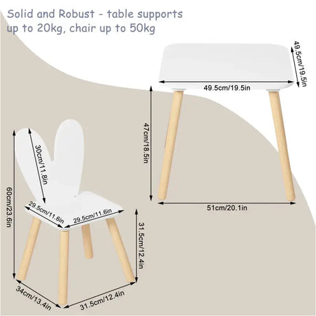 BukkitBow kindertafel met konijnenoor rugleuning en bijpassende stoelen, afmetingen 49,5x49,5x47 cm, geschikt voor kinderen.