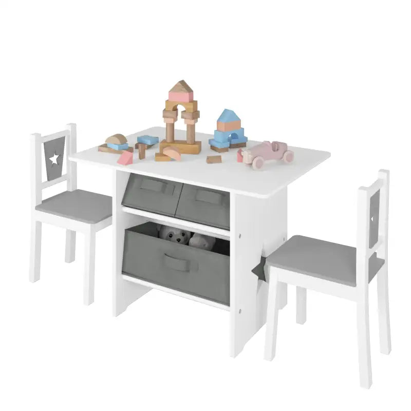 BukkitBow kindertafel met 2 stoelen, wit en grijs, inclusief 3 opbergmanden, afmetingen 72x49x50cm, kindermobiele set.