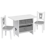 Witte en grijze kindertafel met bijpassende stoelen en opbergmanden, BukkitBow kindermeubelset, afmetingen 72x49x50cm.