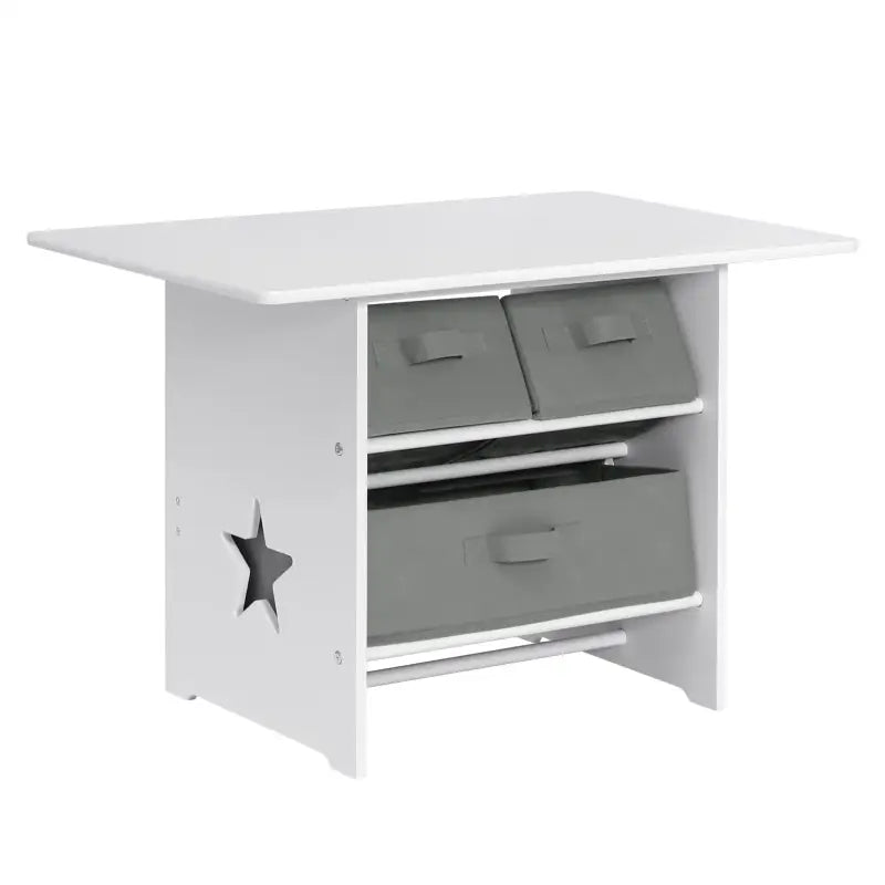 BukkitBow kindertafel met stoelen en opbergmanden, wit en grijs, afmetingen 72x49x50cm, geschikt voor kinderen.