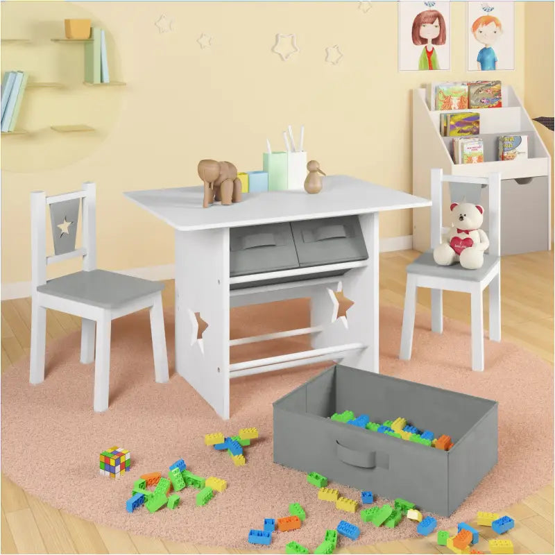 BukkitBow kindertafel met stoelen, wit en grijs, inclusief drie opbergmanden, afmetingen 72x49x50cm, kindermeubelset.