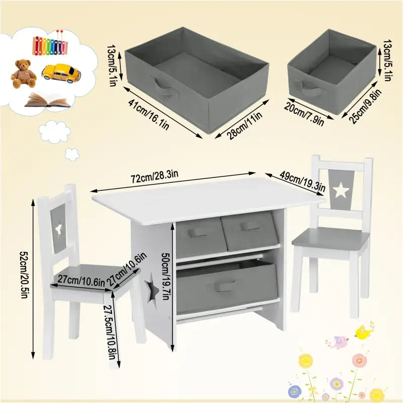 Witte kindertafel met grijze stoelen en drie opbergmanden, BukkitBow kindermeubelset, afmetingen 72x49x50cm.