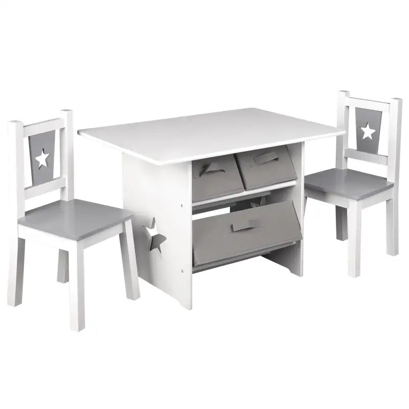 Wit en grijze kindertafel met 3 opbergmanden en bijpassende stoelen, BukkitBow kindermeubelset, afmetingen 72x49x50cm.