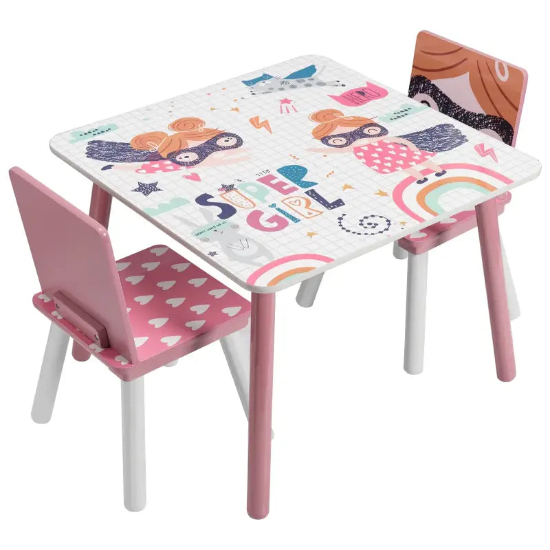 Roze kindertafel met stoelen van BukkitBow, ideaal voor spelen en leren, afmetingen 60x44x60cm, kindermeubelset.