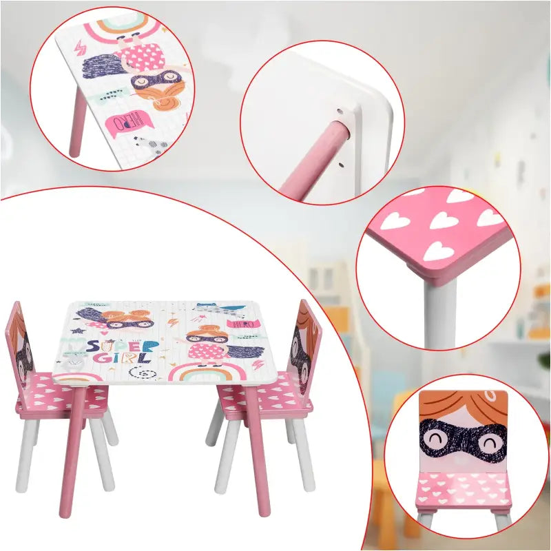 Roze kindertafel en stoelen van BukkitBow, geschikt voor spelen en leren, afmeting 60x44x60 cm, kindermeubelset.