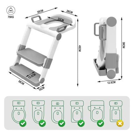 Verstelbare kindertoiletbril van BukkitBow met trap, geschikt voor kinderbadkamers, wit kunststof en ergonomisch ontworpen.