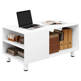 Witte BukkitBow bijzettafel met MDF en metalen frame, 90x45x50 cm, modern design, multifunctioneel met opbergruimte.