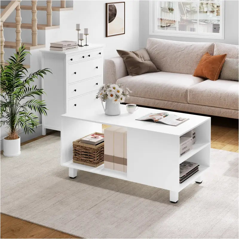 BukkitBow bijzettafel met opbergruimte, wit MDF en metaal, 90x45x50 cm, modern en multifunctioneel design.