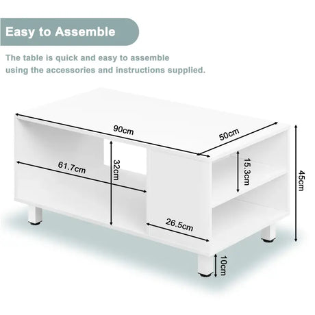 Witte BukkitBow bijzettafel met opbergruimte, MDF en metalen frame, 90x45x50 cm, modern en multifunctioneel.