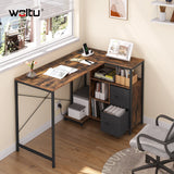 L-vorm BukkitBow bureau van hout en metaal met USB-poorten, modern hoekbureau voor thuis of kantoor.