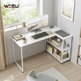 L-vorm BukkitBow bureau met stalen frame, houten werkoppervlak en verstelbare planken voor hoekopstelling.