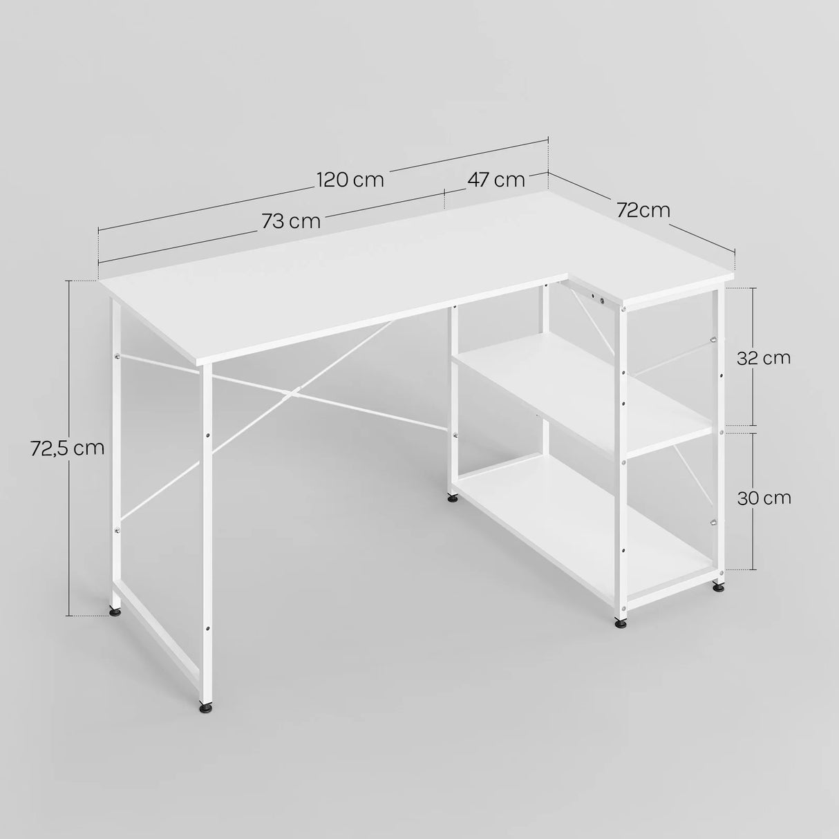 BukkitBow L-vorm bureau van staal en hout met verstelbare planken, hoekbureau voor thuis of kantoorgebruik