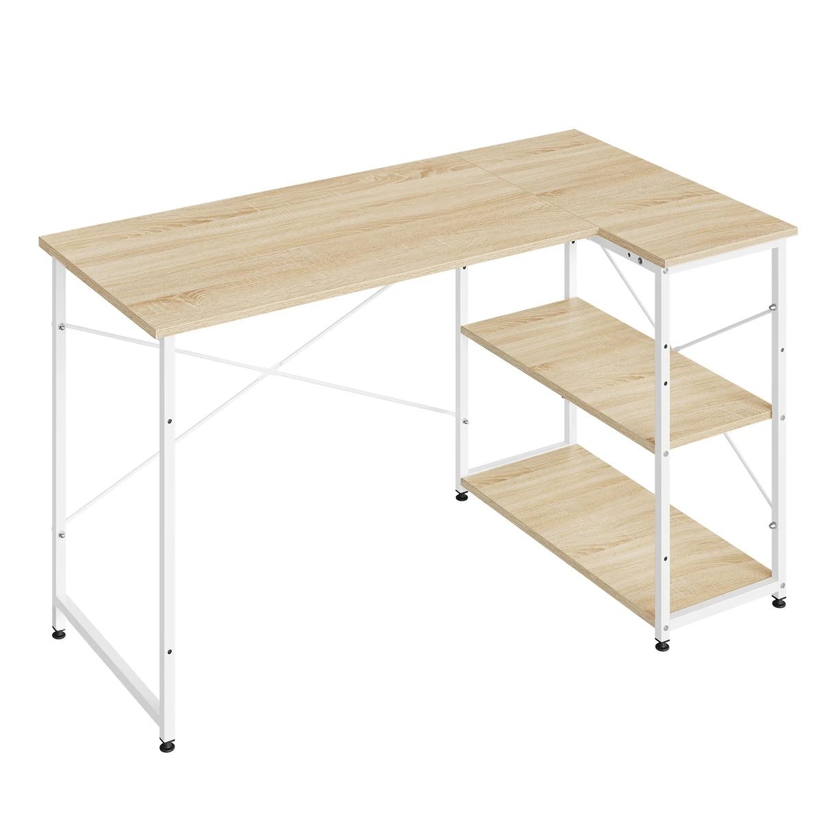 BukkitBow hoekbureau met L-vorm, staal en hout, verstelbare planken en moderne ontwerp voor thuiskantoor of kantoorruimte