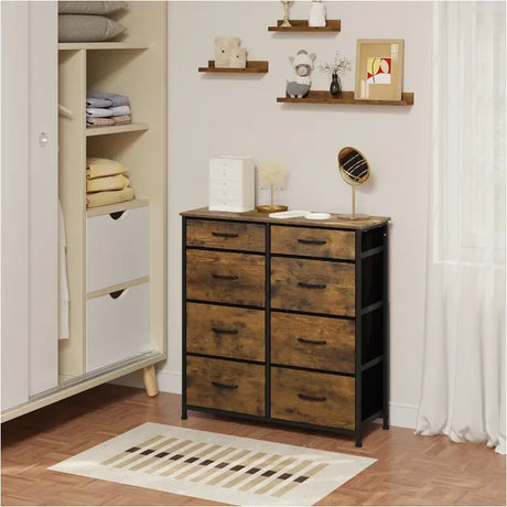 BukkitBow ladekast van gefabriceerd hout en metaal met 8 stoffen lades in industrieel design, multifunctioneel en robuust.