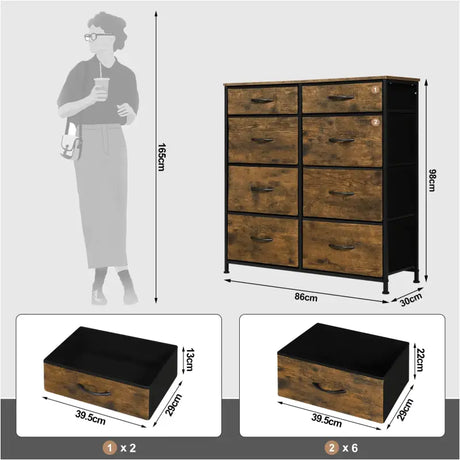 BukkitBow industrieel ladekast van gefabriceerd hout en metaal met 8 stoffen lades, multifunctioneel en robuust design