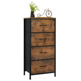 BukkitBow vintage industrieel ladekast met 4 stoffen lades in rustiek bruin en zwart, hout, metaal en non-woven stof.