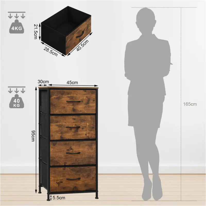 BukkitBow ladekast met 4 stoffen lades, vintage industrieel design in rustiek bruin en zwart, hout, metaal en non-woven stoffen.