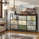 BukkitBow ladekast met 8 stoffen lades, stopcontact en USB-poort, houten blad en metalen frame, modern op kantoor of in huis