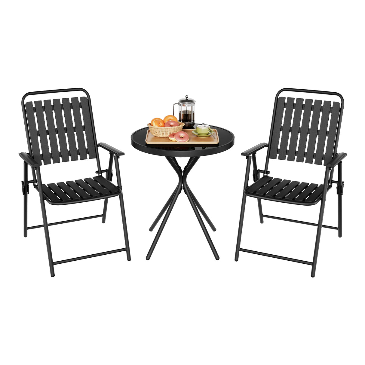 Luxe BukkitBow 3-delige bistroset met glazen tafel en klapstoelen voor buitengebruik.