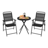 Luxe BukkitBow 3-delige bistroset met glazen tafel en klapstoelen voor buitengebruik.