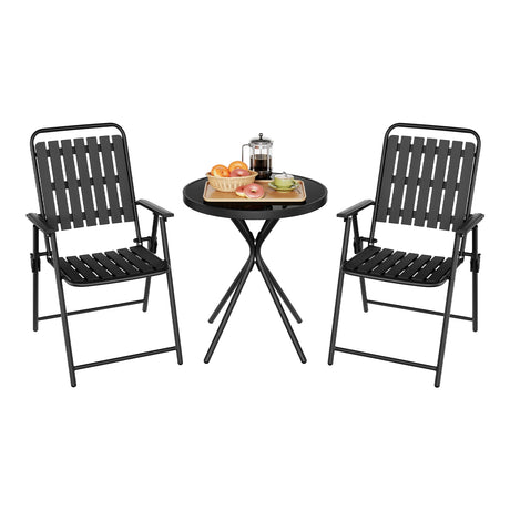 Luxe BukkitBow 3-delige bistroset met glazen tafel en klapstoelen, geschikt voor buitengebruik, strak en modern design