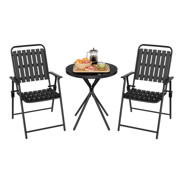 Luxe BukkitBow 3-delige bistroset met glazen tafel en klapstoelen voor buitengebruik.