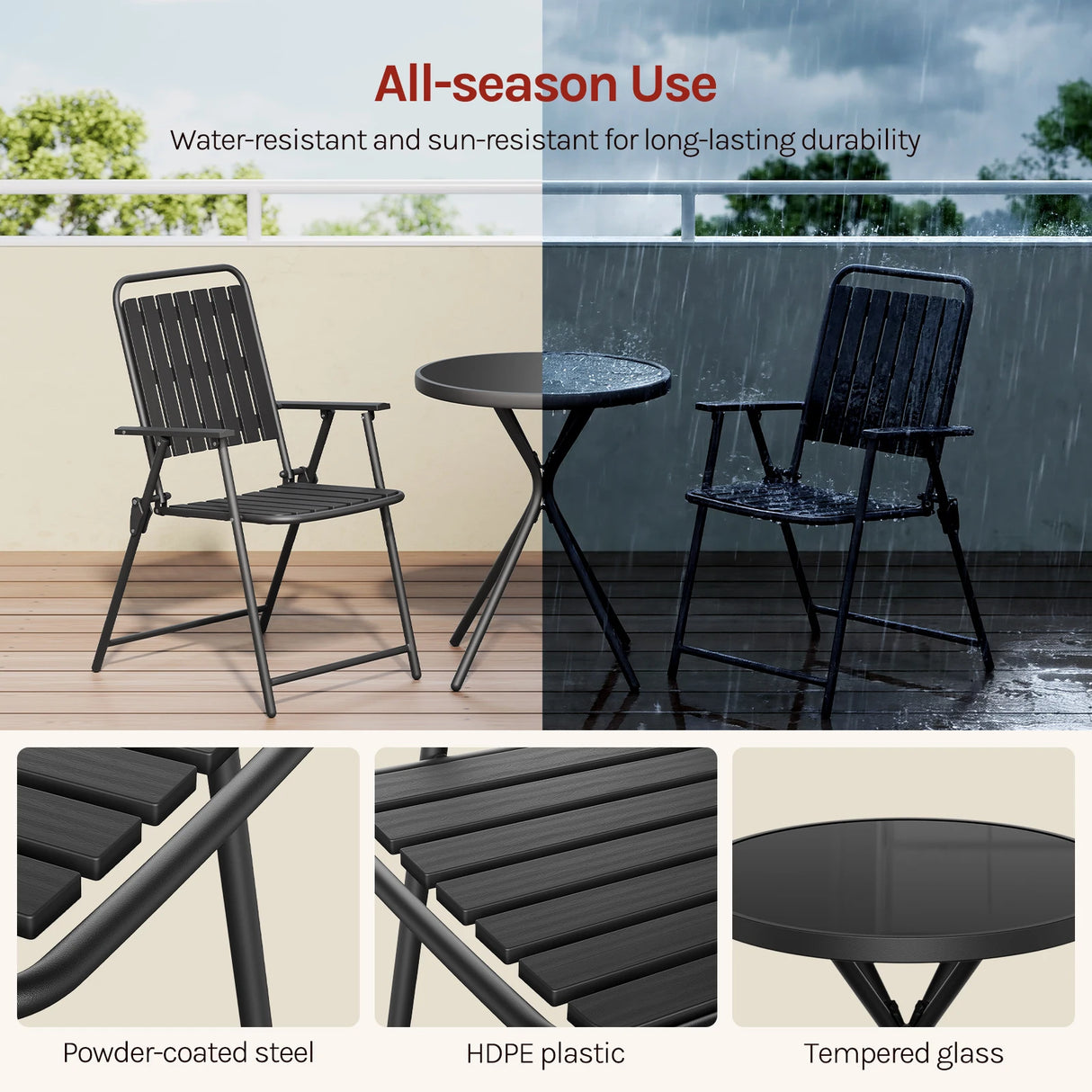 Luxe BukkitBow 3-delige bistroset met glazen tafel en inklapbare stoelen, ideaal voor buitengebruik.